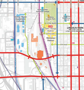 Street map of Burnham project site showing proximity to Mariposa District, Lincoln Park, and Denver Water Operations Complex