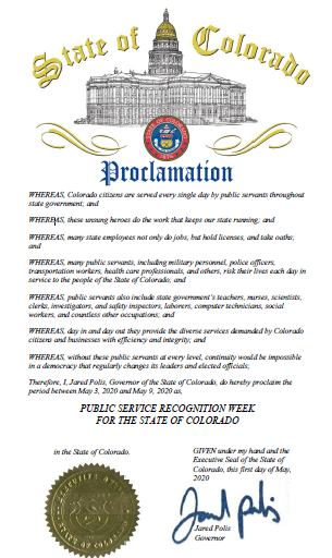 Screenshot of the proclamation document with a gold seal and Jared Polis signature