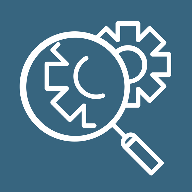 icon graphic of a magnifying glass examining the settings cog