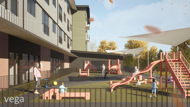 Architectural rendering highlighting the connectivity between the childcare facility, its dedicated outdoor play areas, and the Yampa River beyond.