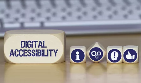 building blocks with the words digital accessibility and icons for information and gears